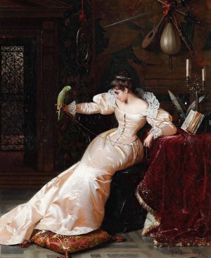 Dama con pappagallo by Pio Ricci Oil Painting
