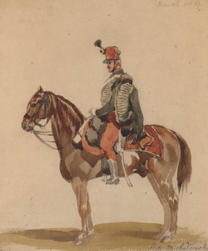 Austrian Hussar on a bay horse by Piotr Michalowski Oil Painting