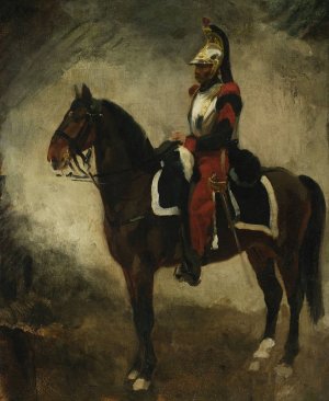 Cuirassier on a bay horse by Piotr Michalowski Oil Painting