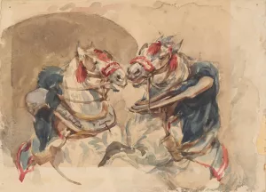 Dwa wspiete konie w uprzezy by Piotr Michalowski Oil Painting