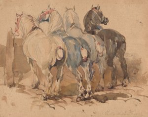 Horses at the manger by Piotr Michalowski Oil Painting