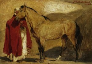 Moroccan man with a horse by Piotr Michalowski Oil Painting