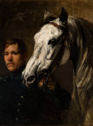 Stable Boy Holding the Horse by the Bridle by Piotr Michalowski Oil Painting