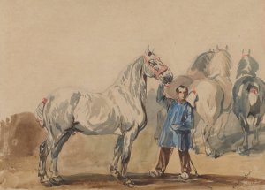 Stableman and horses by Piotr Michalowski Oil Painting
