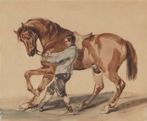 Stableman with a chestnut horse by Piotr Michalowski Oil Painting