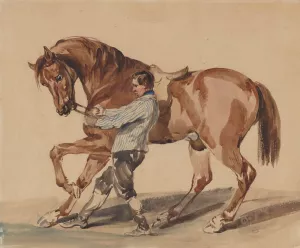 Stableman with a chestnut horse Oil painting by Piotr Michalowski