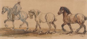 Three horses harnessed one behind the other by Piotr Michalowski Oil Painting