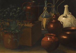 A Still Life With Two Wicker Covered Glass Bottles, A Jug, A Selection Of Other Pots And An Herbaceous Plant by Pittore Di Rodolfo Lodi Oil Painting