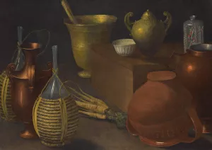 A Still Life With Two Wicker Covered Glass Bottles, An Upturned Terracotta Pot, A Selection Of Other Vessels And A Bunch Of Carrots. by Pittore Di Rodolfo Lodi Oil Painting