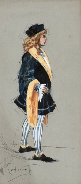 A man standing in a blue doublet and hose in profile by Plinio Codognato Oil Painting