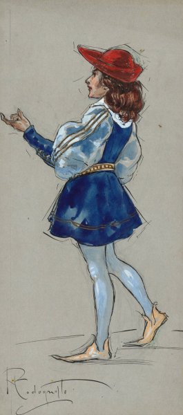 A man stands facing away with hand upraised wearing a blue doublet, hose and a red hat by Plinio Codognato Oil Painting