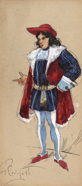 A man stands with a finger pointed, wearing a red hat, blue doublet and hose and a red overgarment by Plinio Codognato Oil Painting