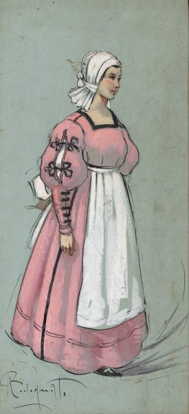 A woman standing in a pink floor-length dress in three-quarter profile by Plinio Codognato Oil Painting