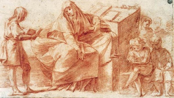 Main Product Photo of Schoolmistress with Her Pupils Painting by Polidoro Da Caravaggio