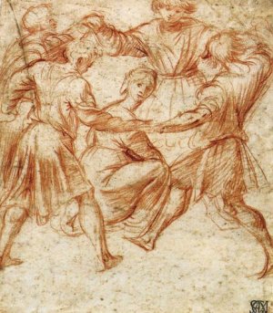 Young Men Dancing around a Woman