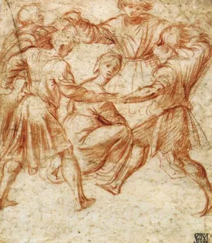 Young Men Dancing around a Woman by Polidoro Da Caravaggio Oil Painting