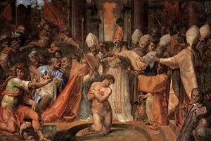 Pope Sylvester Baptizes Constantine Oil painting by Pomarancio