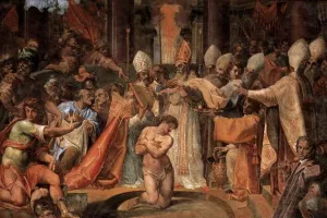 Pope Sylvester Baptizes Constantine Oil painting by Pomarancio