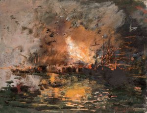 Boat on fire in a harbour by Pompeo Mariani Oil Painting