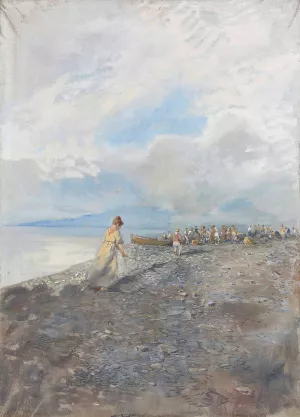 Sulla spiaggia di Bordighera by Pompeo Mariani Oil Painting