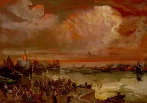 Sunset over the Port of Genoa by Pompeo Mariani Oil Painting