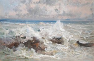 Waves crashing on the rocks at Bordighera by Pompeo Mariani Oil Painting