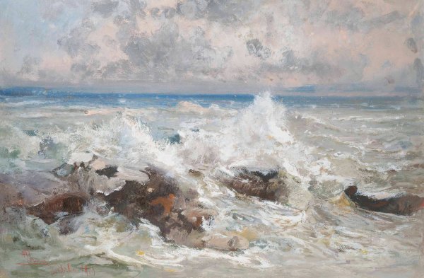 Main Product Photo of Waves crashing on the rocks at Bordighera  Painting by Pompeo Mariani