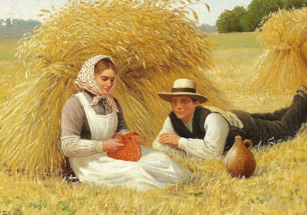 En ung knos i faerd med at opvarte en tjenestepige i hosttiden  by Poul Steffensen - Hand-Painted Oil Painting Reproduction