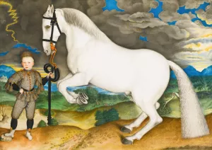 A Rearing Horse, Held By A Lavishly Dressed Groom, In A Stormy Landscape by Prague School Oil Painting