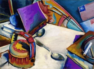 Tabletop Still Life: Books ad Teapot painting by Preston Dickinson