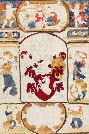 Motif heraldique au centre, Resurrection du Christ et autres figures by Prosper Lafaye Oil Painting
