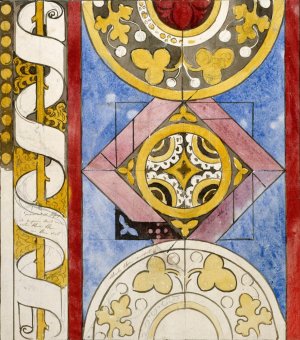 Motifs geometriques et bordure a phylactere enroule autour d'une tige vegetale by Prosper Lafaye Oil Painting