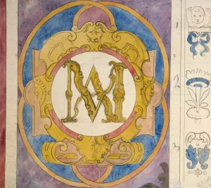 Releve d'un panneau de vitrail du XVIIe siecle orne d'un monogramme by Prosper Lafaye Oil Painting