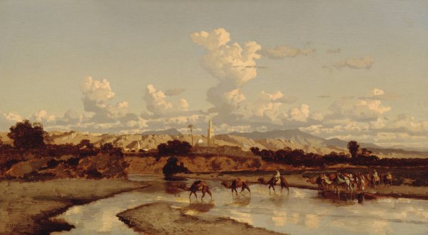 Main Product Photo of In an oriental landscape a caravan moves through a river  Painting by Prosper Marilhat