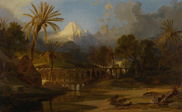 Main Product Photo of Landscape with Palm Trees and Mountainous Vista Painting by Prosper Marilhat