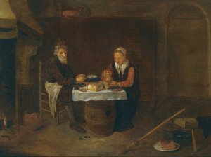 A Modest Interior With An Elderly Couple Seated At a Table, Eating Mussels And Bread by Quirijn Van Brekelenkam Oil Painting