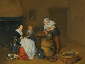 A Woman Talking With Her Maid In A Kitchen Interior With A Child, A Dog And A Fire by Quirijn Van Brekelenkam Oil Painting
