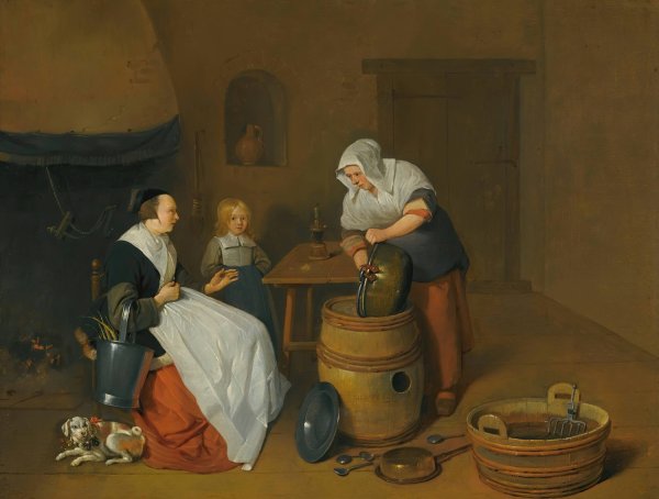 A Woman Talking With Her Maid In A Kitchen Interior With A Child, A Dog And A Fire  by Quirijn Van Brekelenkam - Hand-Painted Oil Painting Reproduction