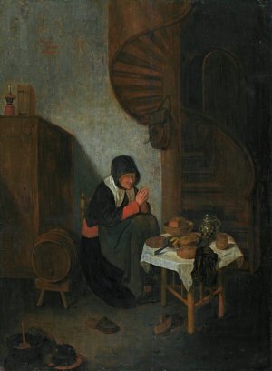 An old woman in an interior saying grace before a meal by Quirijn Van Brekelenkam Oil Painting