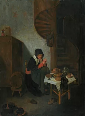 An old woman in an interior saying grace before a meal by Quirijn Van Brekelenkam Oil Painting
