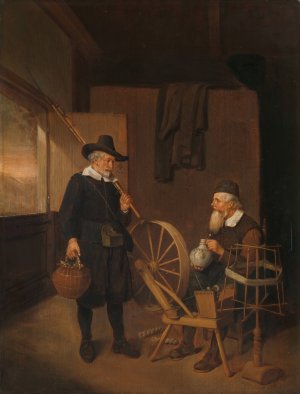 Interior with Fisherman and Man beside a Bobbin and Spool by Quirijn Van Brekelenkam Oil Painting