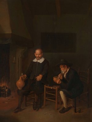 Interior with Two Men by the Fireside by Quirijn Van Brekelenkam Oil Painting