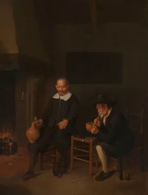 Interior with Two Men by the Fireside by Quirijn Van Brekelenkam Oil Painting