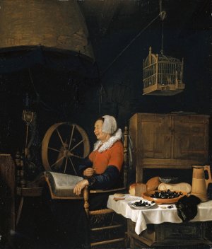 Woman next to a Spinning Wheel, Asleep over her Reading by Quirijn Van Brekelenkam Oil Painting