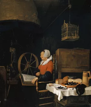 Woman next to a Spinning Wheel, Asleep over her Reading by Quirijn Van Brekelenkam Oil Painting
