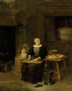 A Woman Scaling Fish by Quiringh Van Brekelenkam Oil Painting