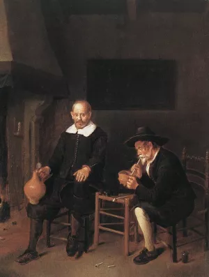 Interior with Two Men by the Fireside by Quiringh Van Brekelenkam Oil Painting