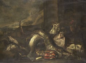 Still Life with Fish by R. Van Burgh Oil Painting