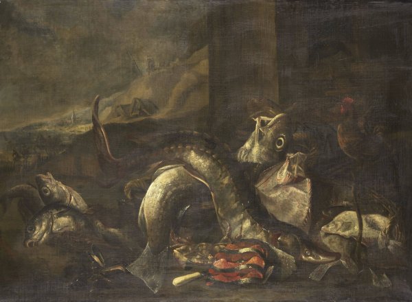 Still Life with Fish  by R. Van Burgh - Hand-Painted Oil Painting Reproduction