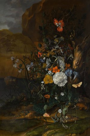 Still life of flowers, with butterflies, insects, a lizard and toads, beside a pool by Rachel Ruysch Oil Painting